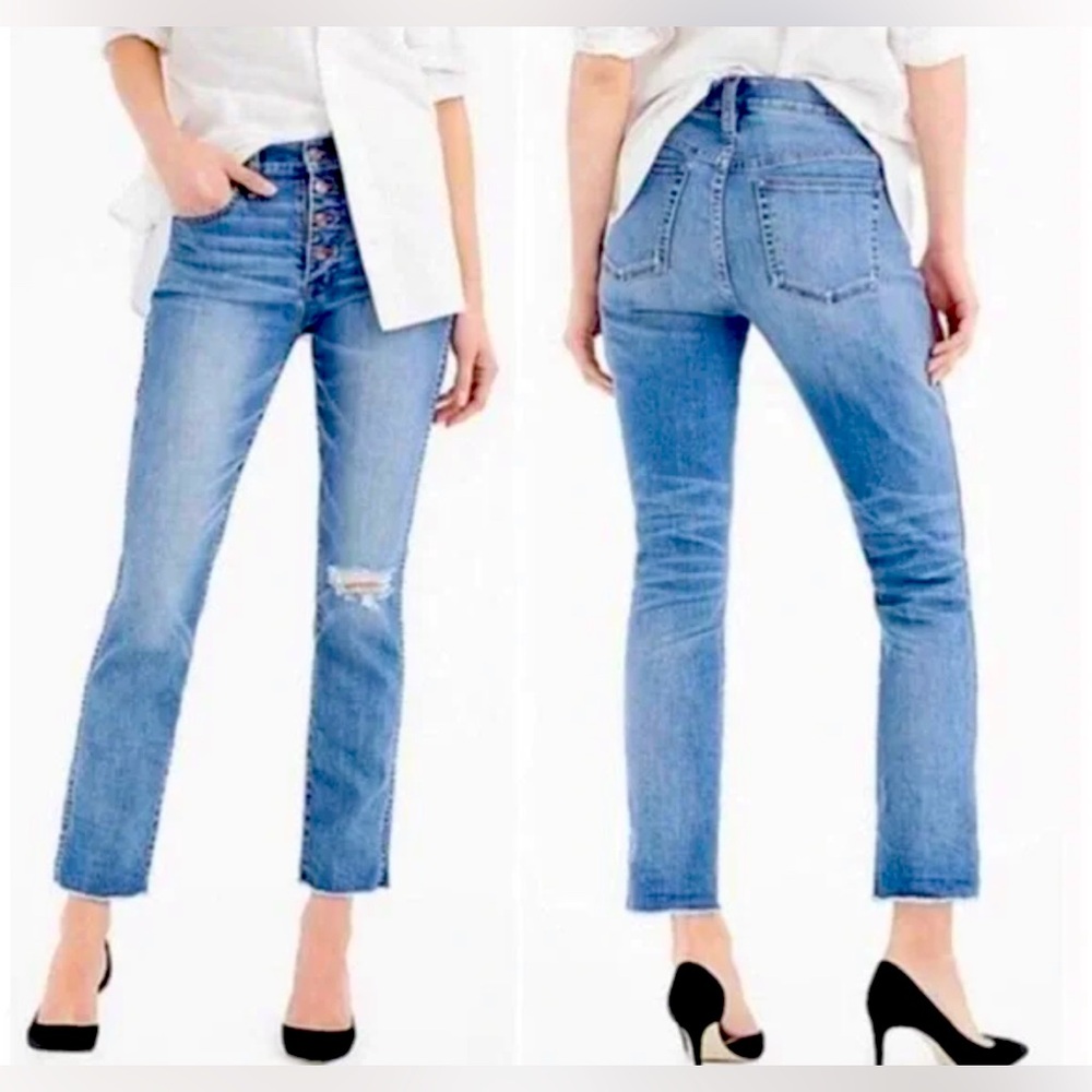 J. Crew Vintage Straight Button Fly Crop Raw Hem Distressed Knee Denim Jeans 27